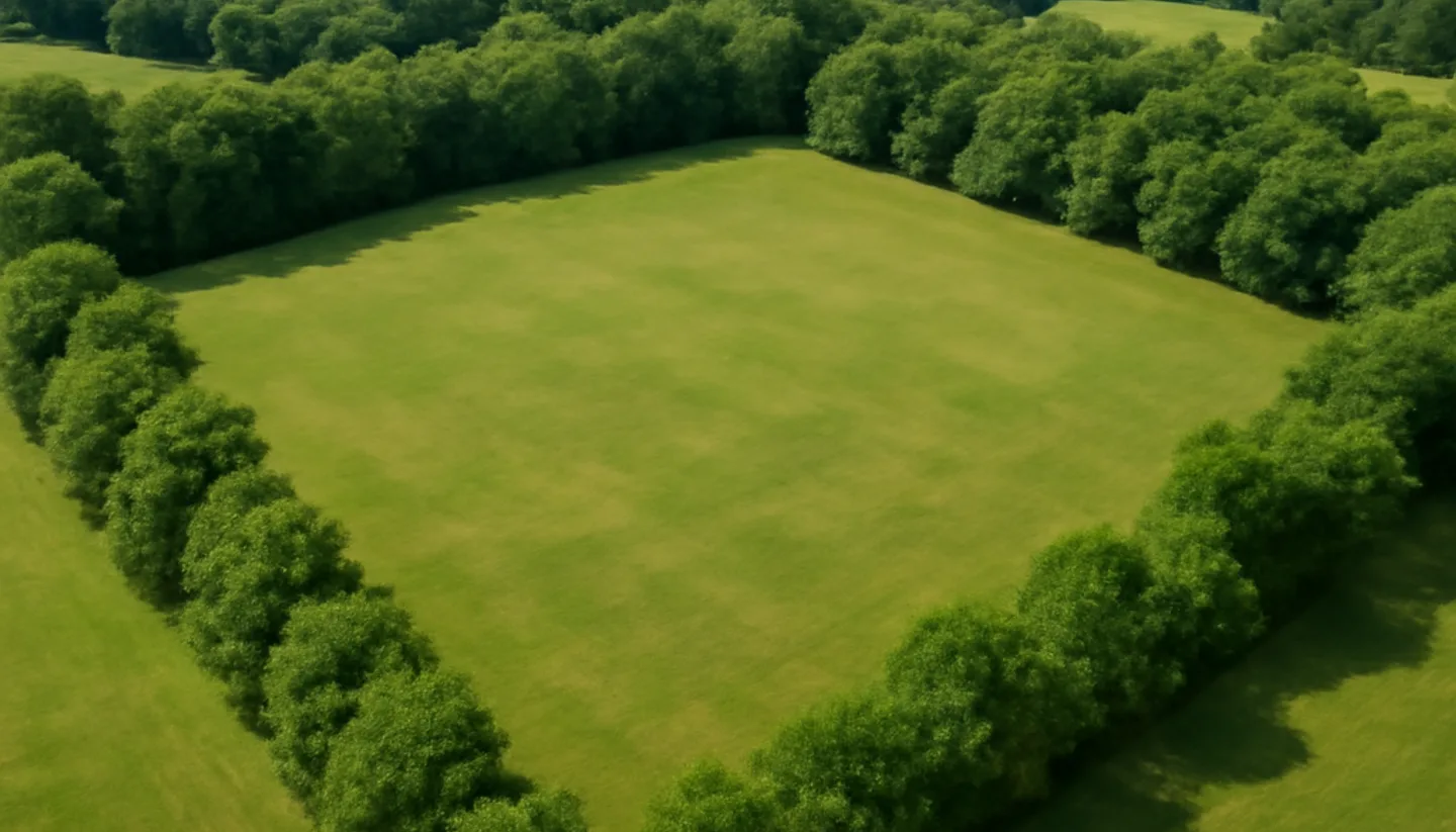 Aerial view of a Kentucky land parcel surrounded by trees and fields
